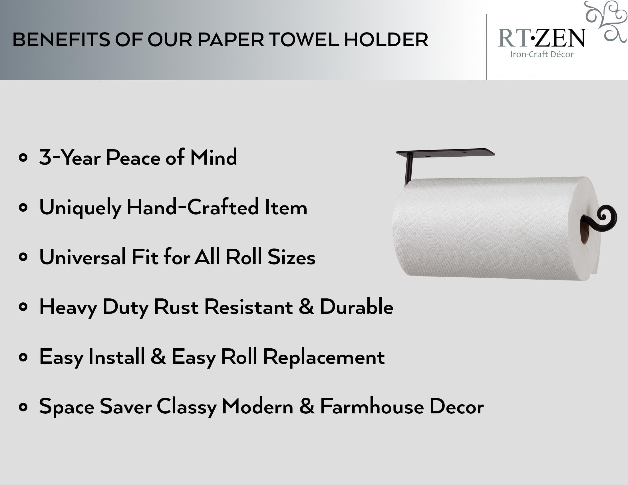 Rtzen Under Cabinet Paper Towel Holder - Wrought Iron Cute Black Farmhouse Decor Inside Cabinet Or Under Counter - Paper Towel H